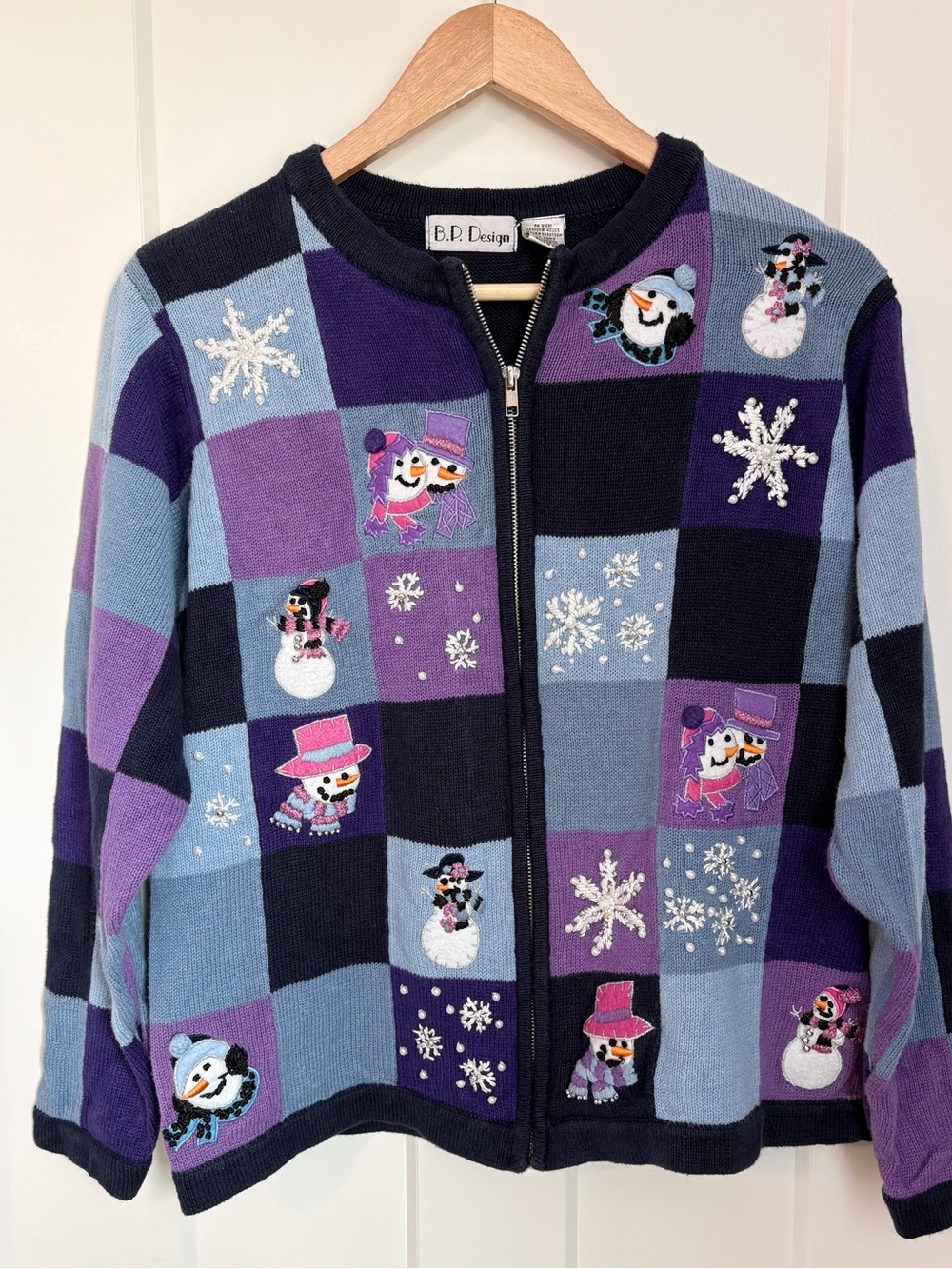 Vintage Navy & Purple Snowman Zip Cardigan